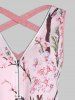 Peach Blossom Print Half Zipper Cross Cut Out Heathered Tank Top -  