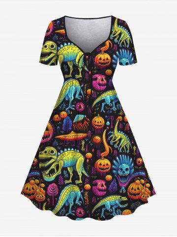 Gothic Colorful Skull Pumpkin Dinosaur Sailor Print Halloween Cinched Dress - MULTI-A - XS