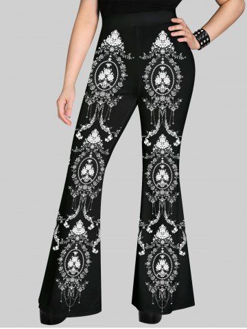 Gothic Flower Branch Tassel Print Flare Pants - BLACK - 2X
