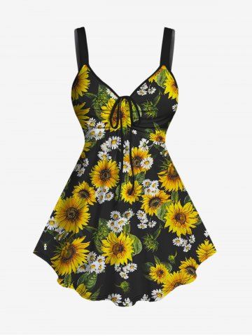 Plus Size Sunflower Print Cinched Tank Top - YELLOW - 6X