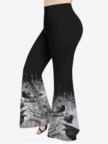 Plus Size Eagle Tree Branch Ink Painting Print Flare Pants - BLACK - S