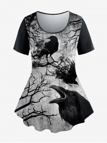 Plus Size Eagle Tree Branch Ink Painting Printed Short Sleeves T-shirt - BLACK - XS