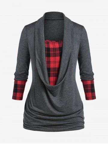 Plus Size Ruched Plaid Patchwork T-shirt - DARK GRAY - 2X | US 18-20