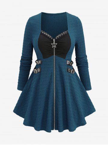 Plus Size Textured Pentagram Full Zipper Cinched Lace Trim PU Straps Buckle Ruched T-shirt - DEEP BLUE - M | US 10