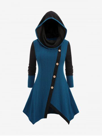 Plus Size Textured Buttons Asymmetrical Hooded Sweater - DEEP BLUE - M | US 10
