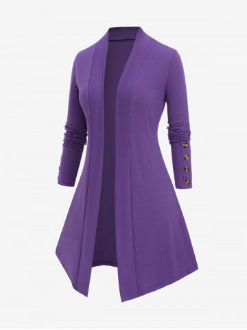 Plus Size Mock Buttons Sleeves Solid Color Collarless Open Front Cardigan - PURPLE - L