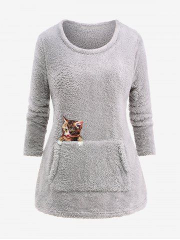 Plus Size Cat Applique Kangaroo Pocket Fluffy Fleece Long Sleeves Top