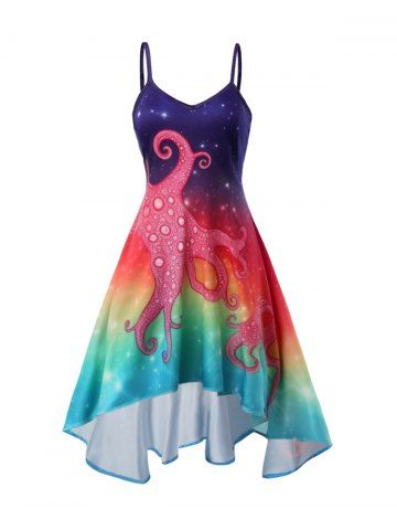 Octopus Print Adjustable Spaghetti Strap High Low Midi Cami Dress - MULTI - S