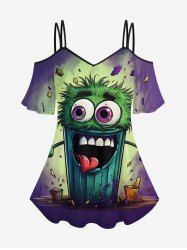 Gothic Cartoon Cute Face Cup Print Cold Shoulder T-shirt -  