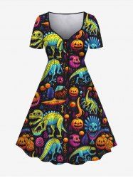 Gothic Colorful Skull Pumpkin Dinosaur Sailor Print Halloween Cinched Dress -  
