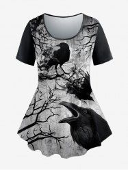 Plus Size Eagle Tree Branch Ink Painting Printed Short Sleeves T-shirt -  