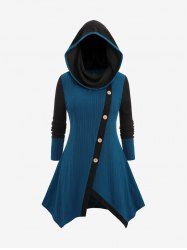 Plus Size Textured Buttons Asymmetrical Hooded Sweater -  