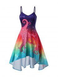 Robe Mi-Longue à Bretelle Fine Ajustable à Imprimé Pieuvre Haute Basse - Multi L