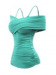Cold Shoulder Plain Color Ruched Adjustable Spaghetti Strap Casual T Shirt -  