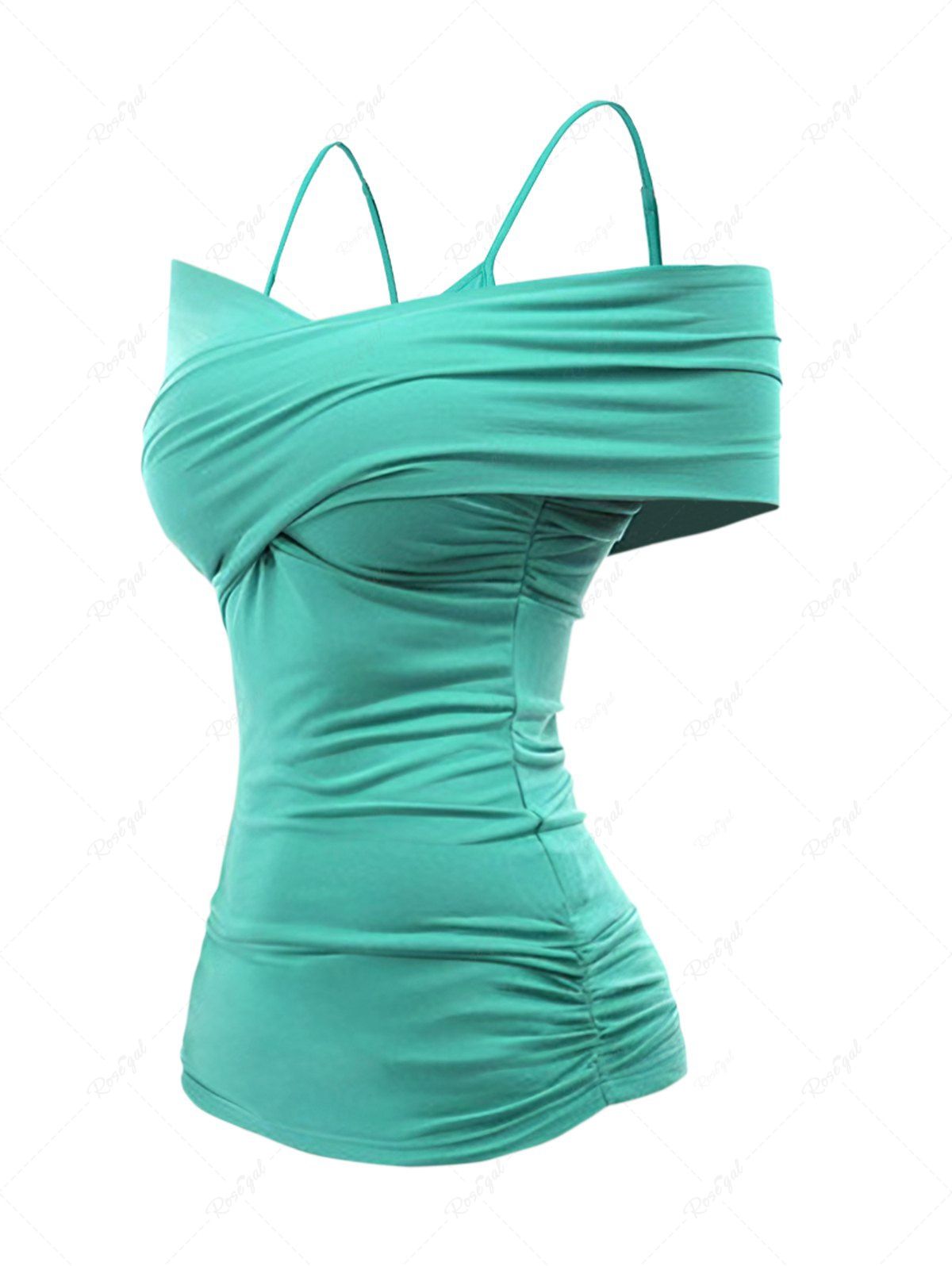 Outfits Cold Shoulder Plain Color Ruched Adjustable Spaghetti Strap Casual T Shirt  