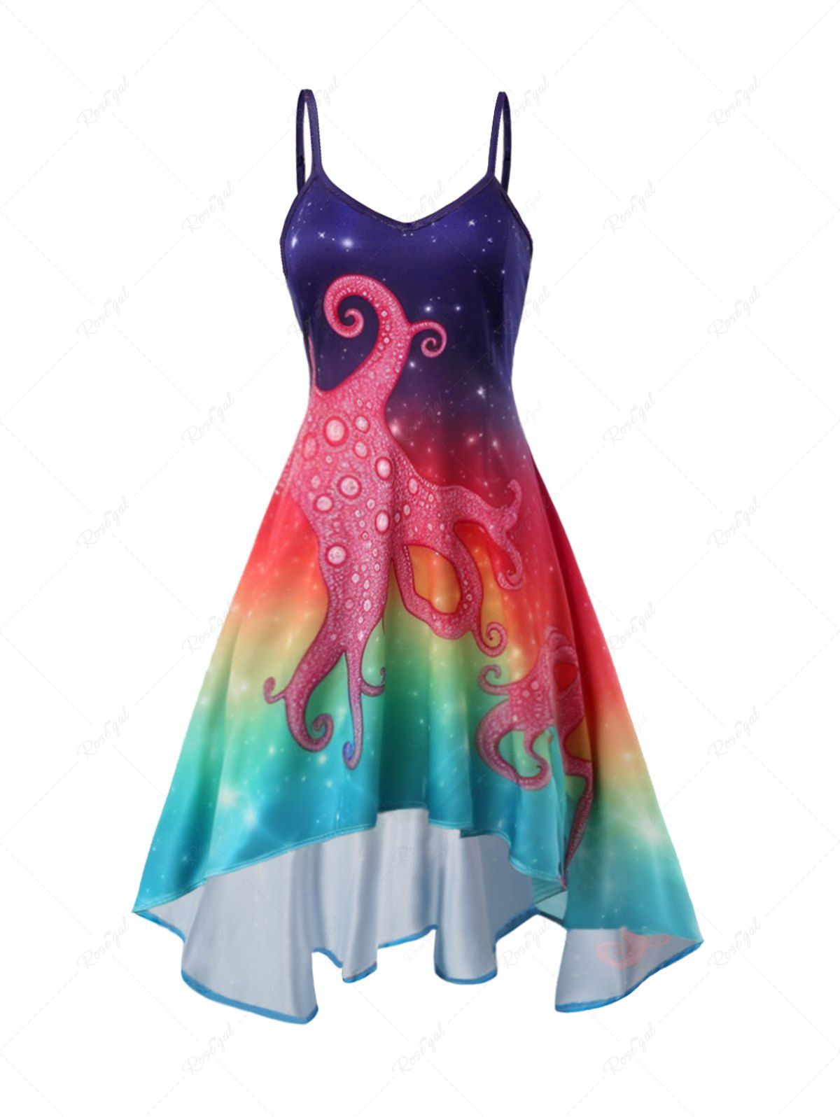 Robe Mi-Longue à Bretelle Fine Ajustable à Imprimé Pieuvre Haute Basse Multi L