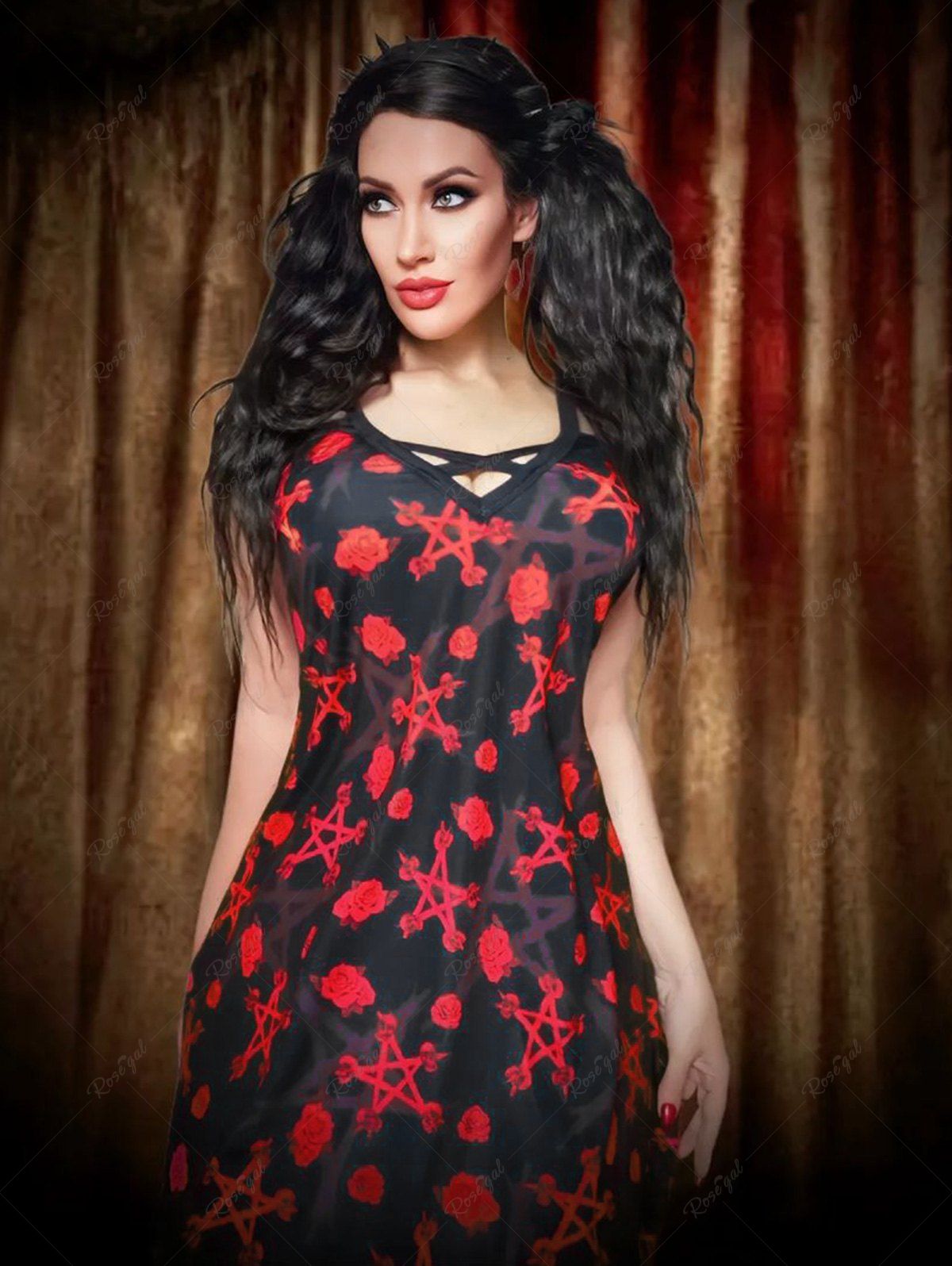 Robe à Bretelle Gothique Croisée Fleur et Crâne Imprimées Noir 6X