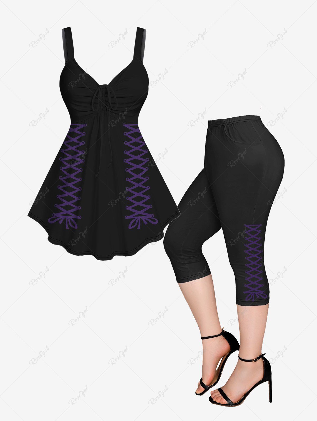 Best 3D Lace Up Print Cinched Tank Top and Pockets Capri Leggings Plus Size Outfits  