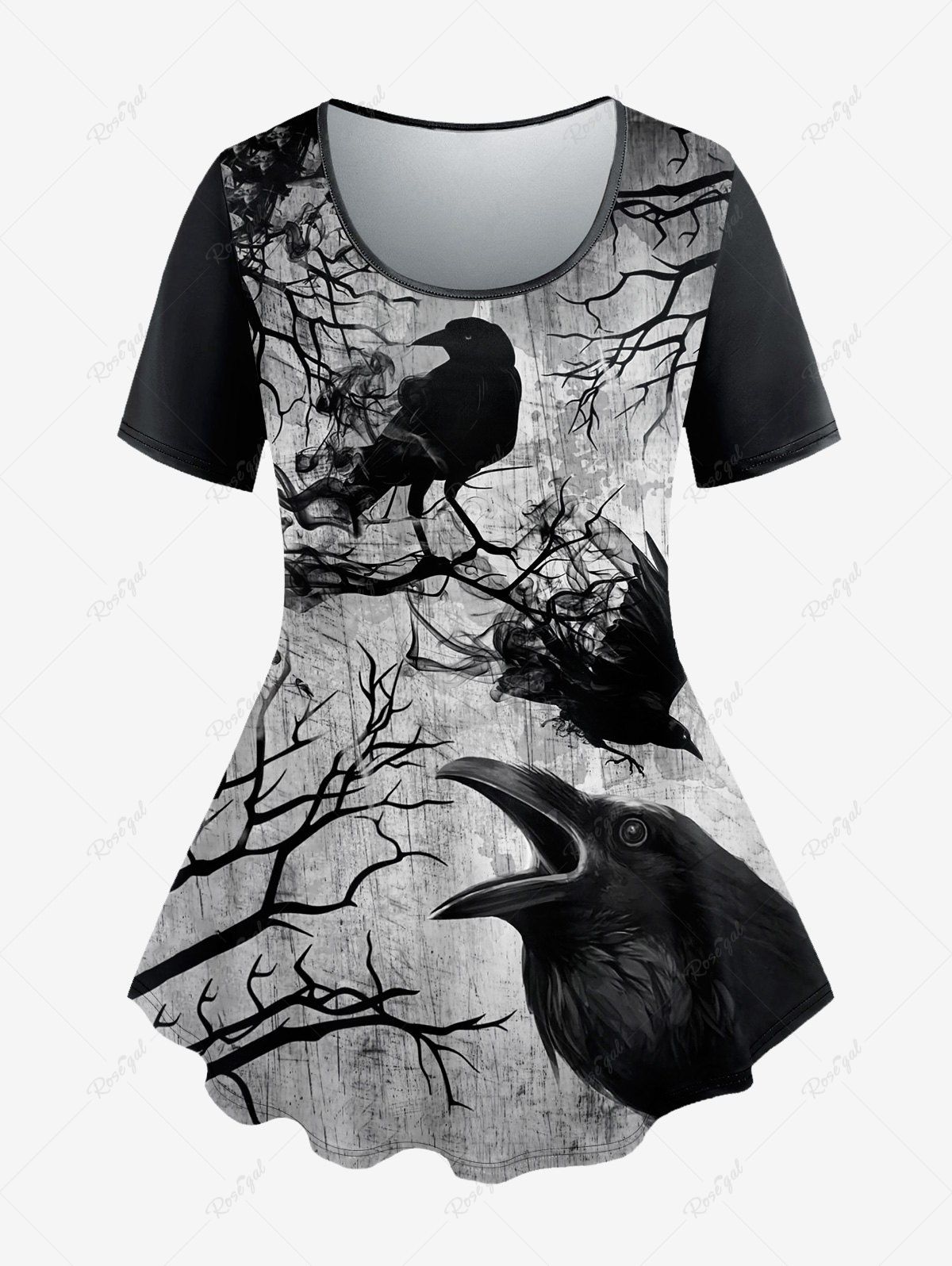Latest Plus Size Eagle Tree Branch Ink Painting Printed Short Sleeves T-shirt  