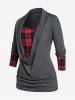 Plus Size Ruched Plaid Patchwork T-shirt -  