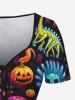 Gothic Colorful Skull Pumpkin Dinosaur Sailor Print Halloween Cinched Dress -  
