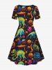 Gothic Colorful Skull Pumpkin Dinosaur Sailor Print Halloween Cinched Dress -  