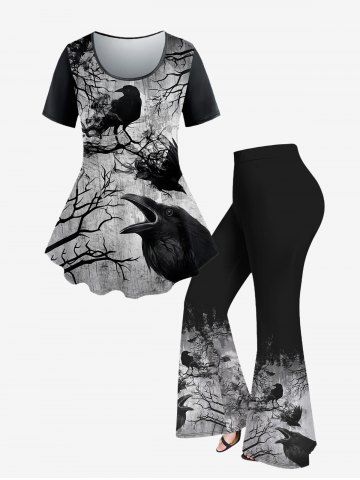 Halloween Costume Plus Size Eagle Tree Ink Painting Printed Short Sleeves T-shirt and Flare Pants Outfit - BLACK