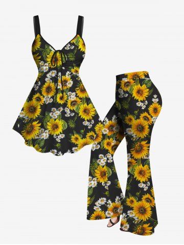Sunflower Printed Cinched Tank Top and Flare Pants Plus Size Matching Set - YELLOW