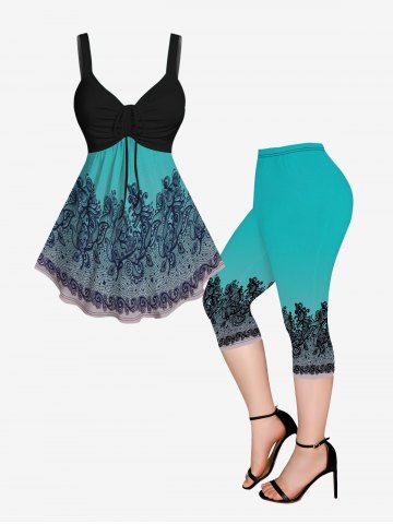 Floral Paisley Print Cinched Tank Top and Pockets Capri Leggings Plus Size Outfits