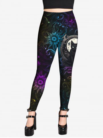 Gothic Moon Cat Colorful Flower Glitter Printed Skinny Leggings