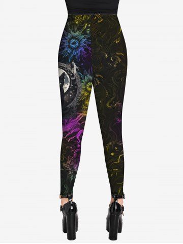 Gothic Moon Cat Colorful Flower Glitter Printed Skinny Leggings