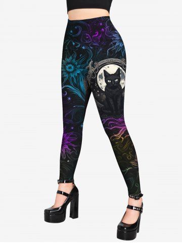 Gothic Moon Cat Colorful Flower Glitter Printed Skinny Leggings