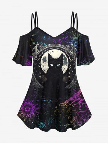 Gothic Moon Cat Colorful Floral Glitter Print Cold Shoulder Cami T-shirt - BLACK - S