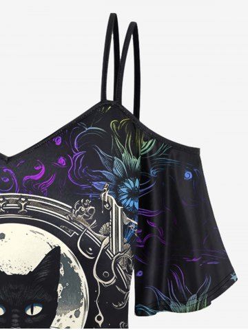Gothic Moon Cat Colorful Floral Glitter Print Cold Shoulder Cami T-shirt