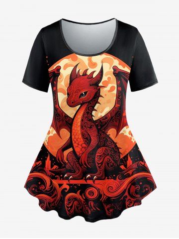 Gothic Cartoon Colorful Dinosaur Sun Print Short Sleeves T-shirt - BLACK - 1X