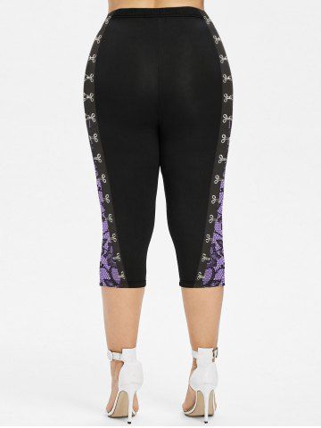 Plus Size Hook and Eye Floral Lace 3D Print Capri Leggings