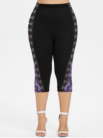 Plus Size Hook and Eye Floral Lace 3D Print Capri Leggings