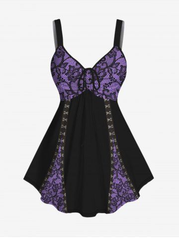 Plus Size Hook and Eye Floral Lace 3D Print Cinched Tank Top - PURPLE - M