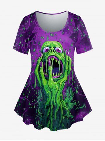 Gothic Monster Palm Rainy Print Short Sleeves T-shirt - PURPLE - 1X