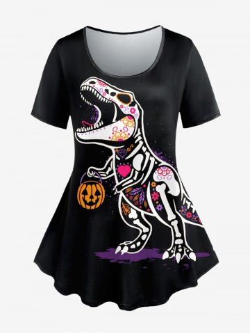Plus Size Cartoon Dinosaur Skeleton Heart Pumpkin Print Halloween T-shirt - BLACK - XS