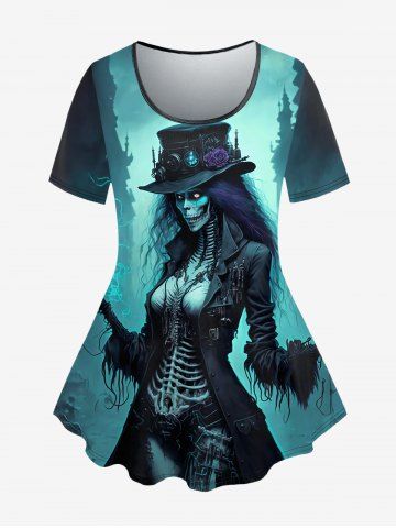 Plus Size Wizard Skeleton Castle Hat Printed Halloween T-shirt - BLACK - 3X