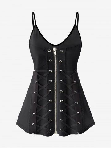 Plus Size Grommets Lace Up Zipper 3D Print Cami Top (Adjustable Shoulder Strap) - BLACK - L