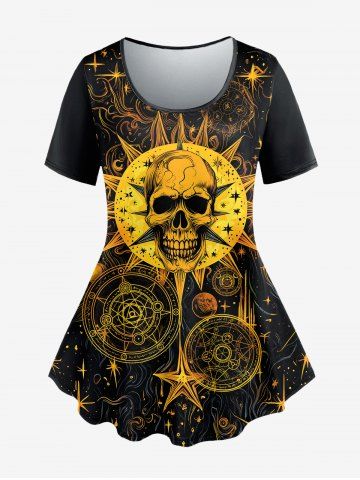 Gothic Sun Skull Divination Glitter Print Short Sleeves T-shirt