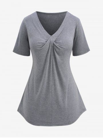Plus Size Marled Twist Surplice Short Sleeves T-shirt - GRAY - L