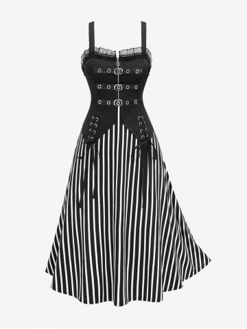 Gothic Lace Trim Zipper Buckle Lace-up Striped Patchwork Dress - BLACK - 3X | US 22-24