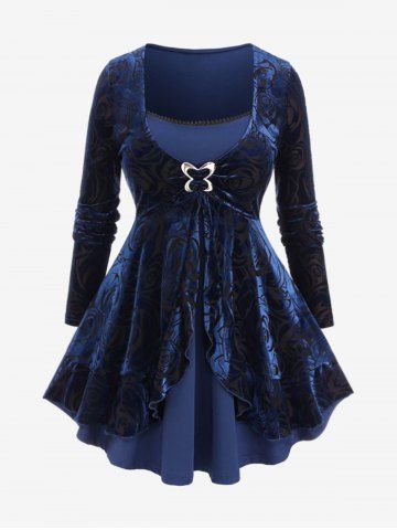 Plus Size Flower Flocking Lace Trim Layered Butterfly Buckle Ruched Ruffles 2 in 1 Long Sleeves Top - DEEP BLUE - M | US 10