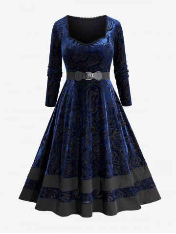 Plus Size Floral Figure Lace Trim Belted Velvet Dress - DEEP BLUE - 1X | US 14-16