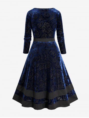 Plus Size Floral Figure Lace Trim Belted Velvet Dress