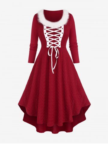 Plus Size Lace Up Fluff Collar Grommets Sweater Dress - DEEP RED - L | US 12