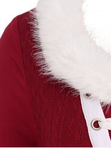 Plus Size Lace Up Fluff Collar Grommets Sweater Dress